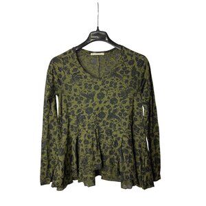 Peruvian Connection Womens Burnout Top Blouse Size S Olive Green Phoenix Peplum